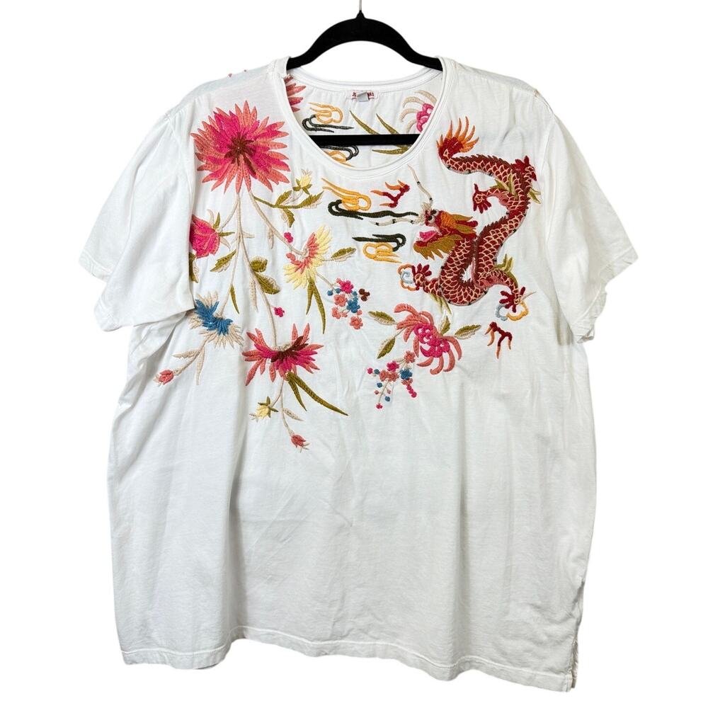 Johnny Was White Multicolor Floral Dragon Embroidery T-Shirt Size XL
